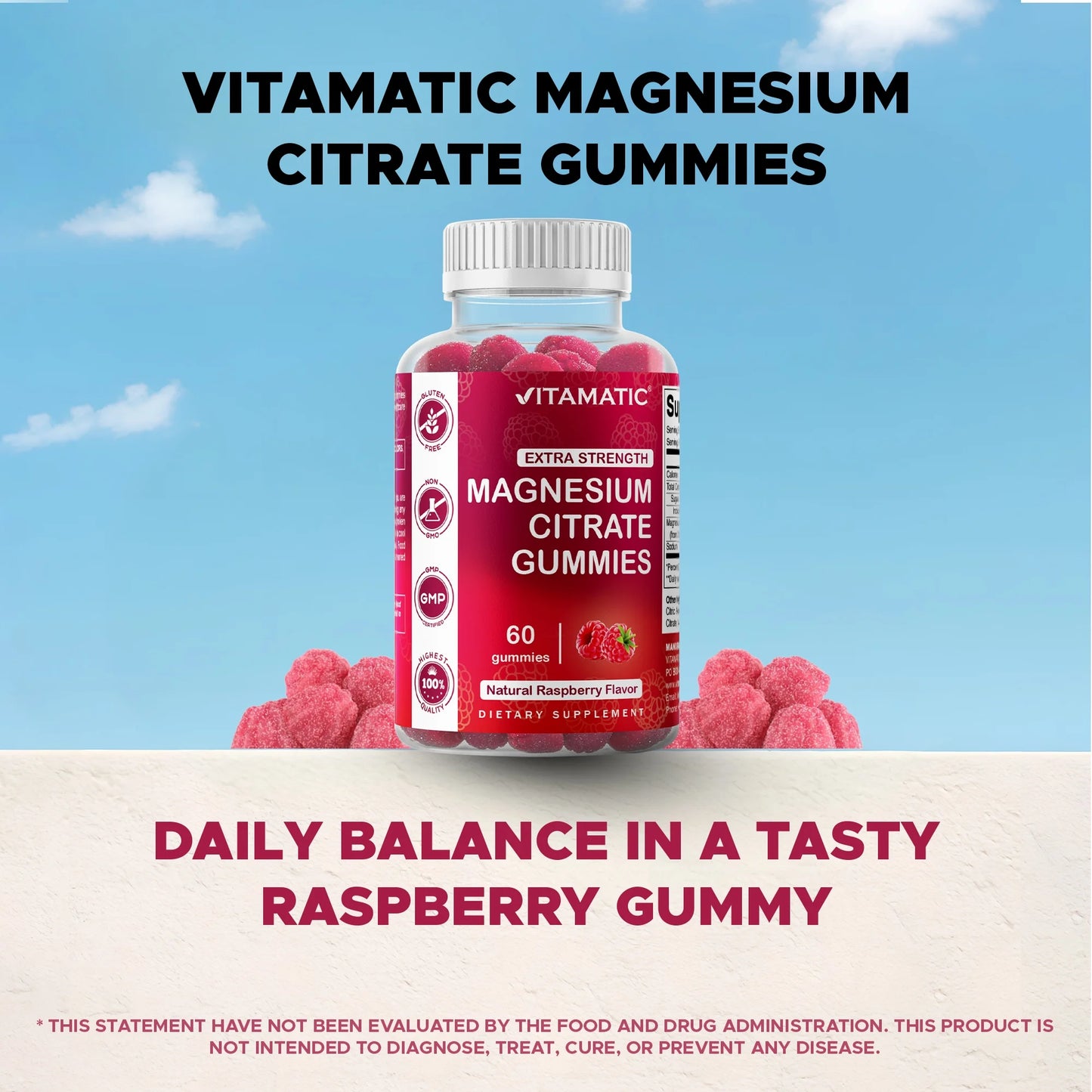 Extra Strength Magnesium Gummies 255 Mg (Elemental Mg) per Serving - 60 Vegan Gummies - Promotes Healthy Relaxation, Muscle, Bone, & Energy Support
