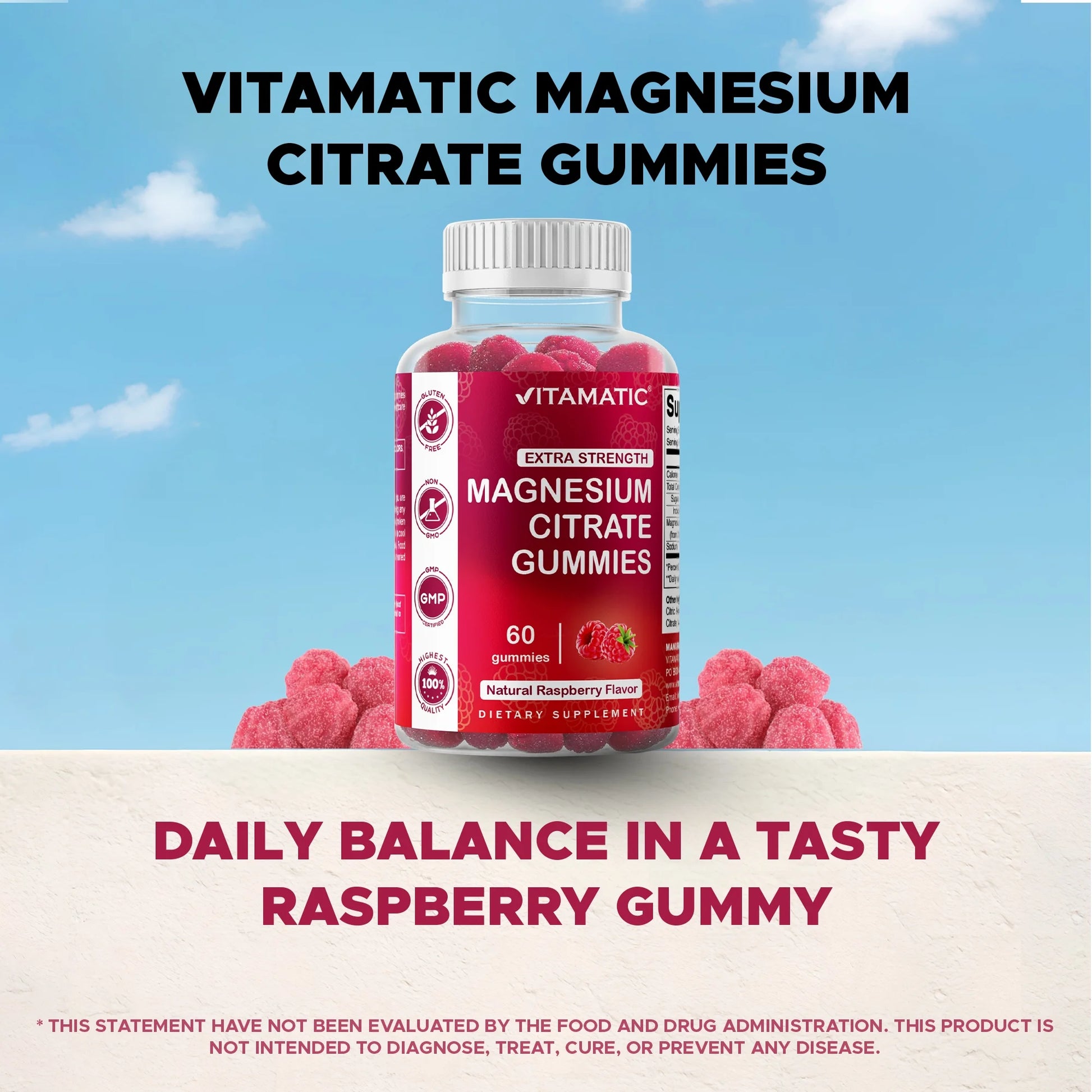 Extra Strength Magnesium Gummies 255 Mg (Elemental Mg) per Serving - 60 Vegan Gummies - Promotes Healthy Relaxation, Muscle, Bone, & Energy Support