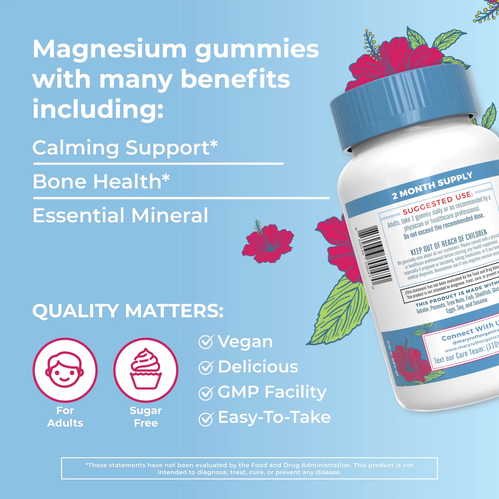 Adult Magnesium Calm Gummies for Bone and Joint Health, Mineral Supplements, Hibiscus, 30 Count