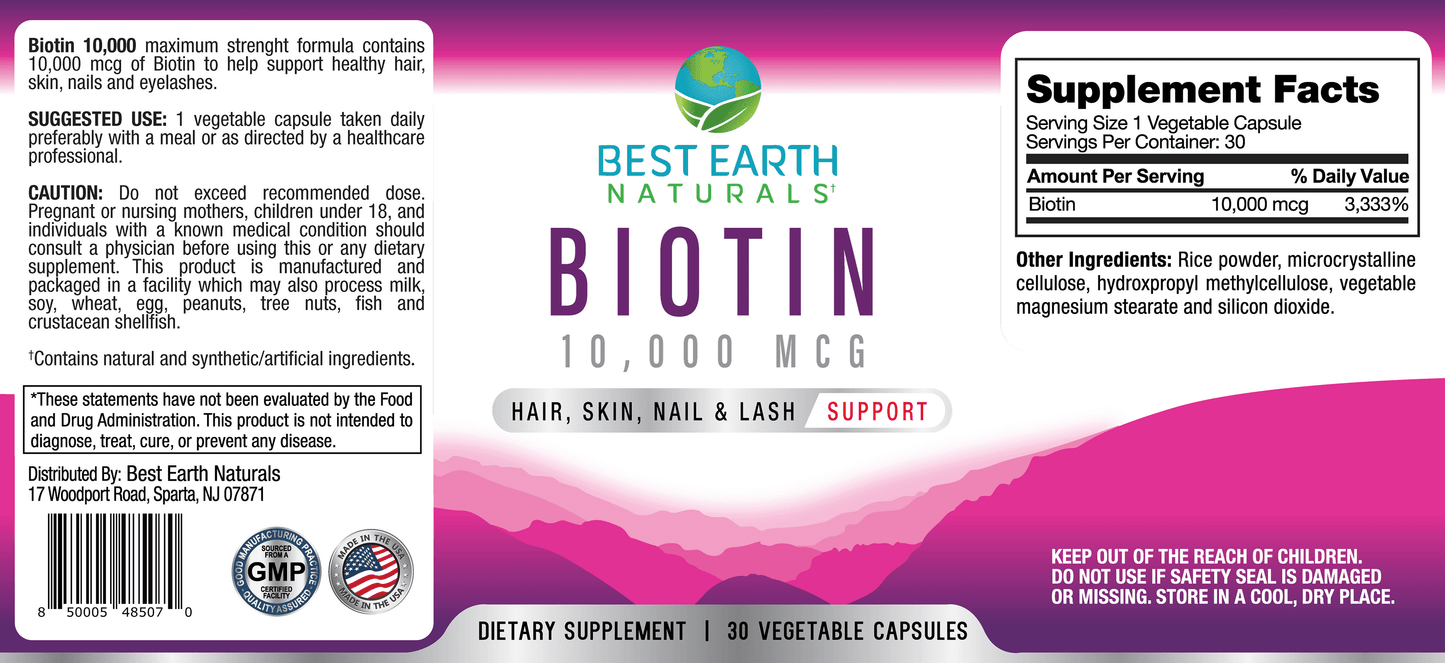 Biotin 10,000, Dietary Supplement, Hair, Skin, Nail and Lash Support, 30 Count