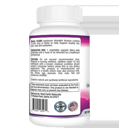Biotin 10,000, Dietary Supplement, Hair, Skin, Nail and Lash Support, 30 Count
