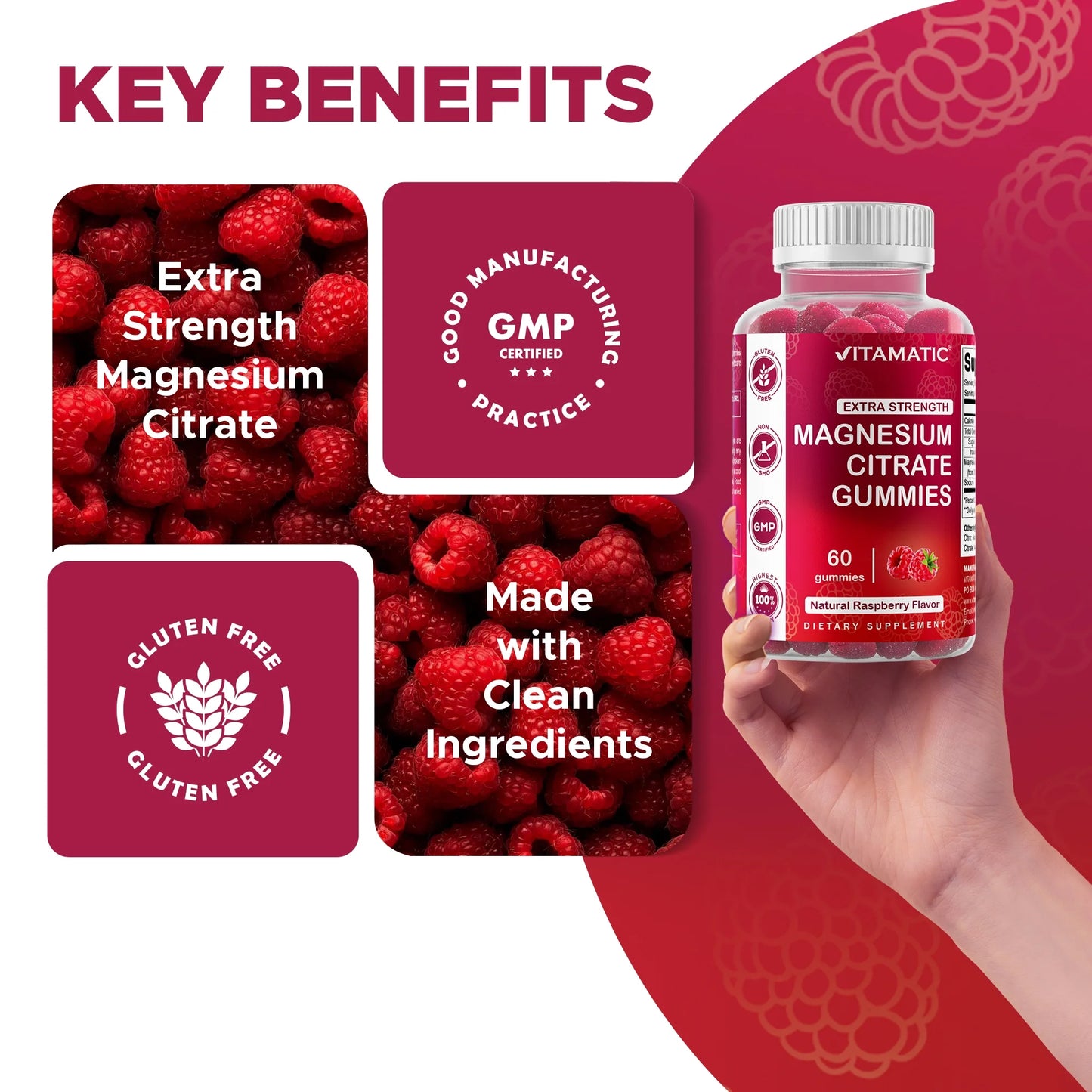 Extra Strength Magnesium Gummies 255 Mg (Elemental Mg) per Serving - 60 Vegan Gummies - Promotes Healthy Relaxation, Muscle, Bone, & Energy Support