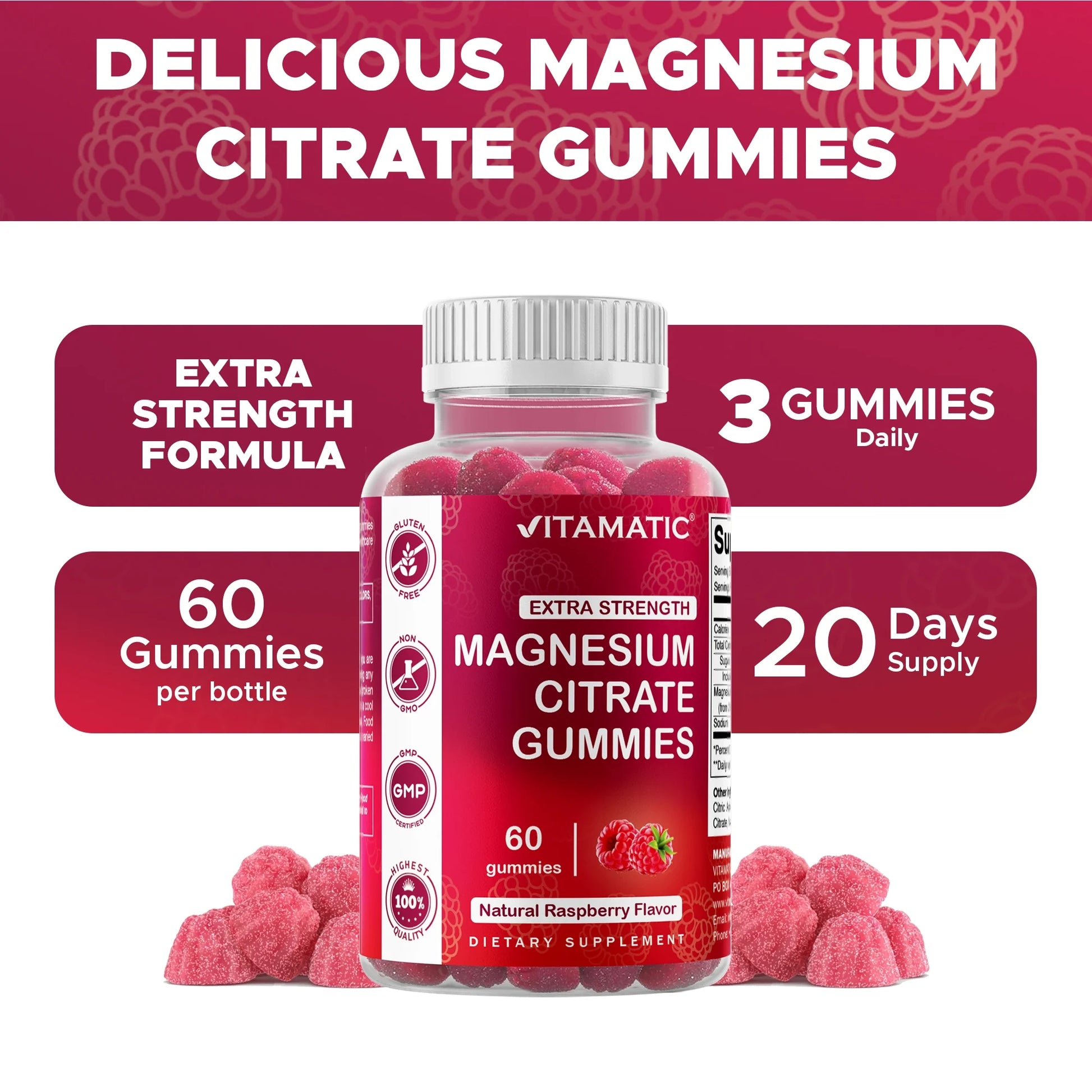 Extra Strength Magnesium Gummies 255 Mg (Elemental Mg) per Serving - 60 Vegan Gummies - Promotes Healthy Relaxation, Muscle, Bone, & Energy Support