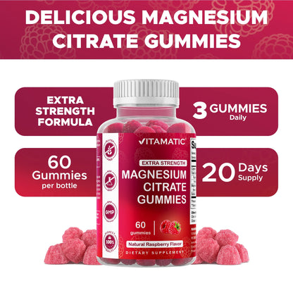 Extra Strength Magnesium Gummies 255 Mg (Elemental Mg) per Serving - 60 Vegan Gummies - Promotes Healthy Relaxation, Muscle, Bone, & Energy Support